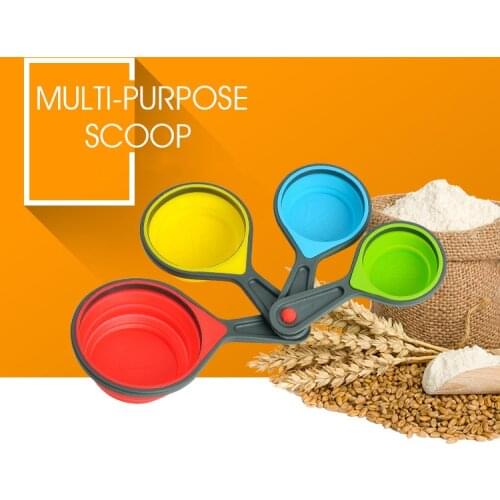 4 Pieces / Set Of Food Grade Silicone Green Folding Kitchen Measuring Cup Spoon Ice Cream Measuring Tool Chef Baking Tool Set