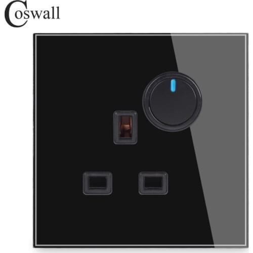 Coswall Glass Panel Wall 13A BS British Socket + 1 Gang 2 Way Pass Through On / Off Light Switch Switched With LED Indicator