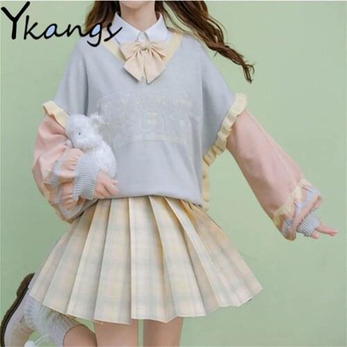 Japanese Style Sweet Ruffles Loose Color Matching Sweater Plaid Pleated Skirt Korean Spring Autumn New Bf Kawaii Casual Clothing