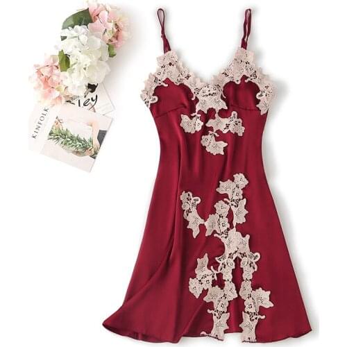 Side Splite Lace Flower Summer Nightgown Bride Wedding Nightie Sexy Backless Spaghetti Strap Nightdress Women Satin Home Dress