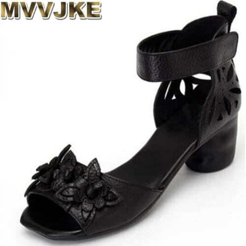 MVVJKE 2019 new fish head flowers retro genuine leather shoes summer women sandals Thick with comfortable women shoes