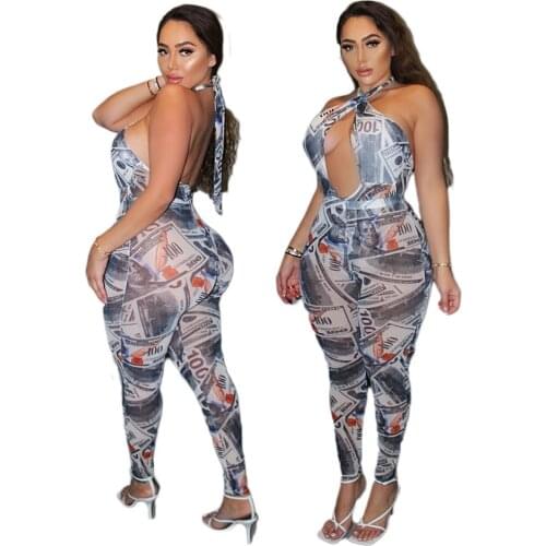 Women Sexy Jumpsuits And 2 Piece Pant Sets Money Print Two Piece Club Outfits Cut Out Halter Bodysuit + Elastic Waist Leggings