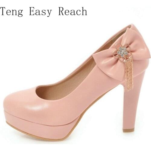 Women Pumps Fashion Classic High Heels Shoes Sweet Bow White Pink Heels Platform Wedding Dress Party Shoes Women Plus Size 45