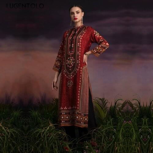 Vintage Dress Women Bohemia Long Sleeve Round Neck Loose Dresses Female Big Swing Split Fork Fashion Muslim Thin Dress Lugentolo