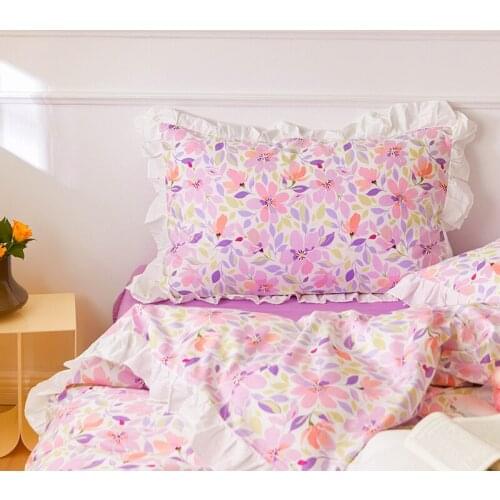 Cilected INS 100% Cotton Lotus Leaf Lace Pillowcase Princess Style Purple Floral Print Cushion Cover Home Decoration