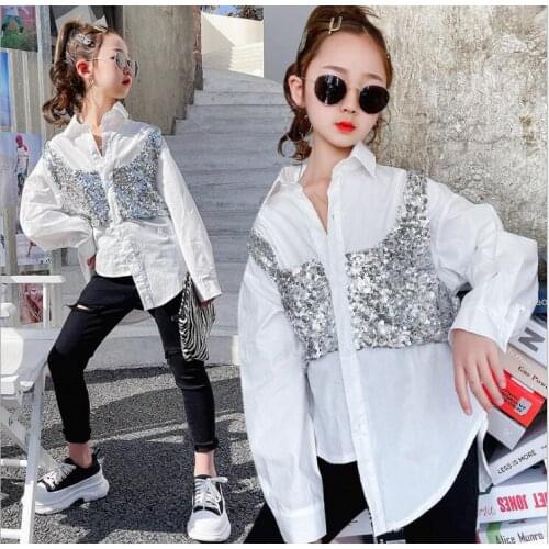 2021 Korea style girls patchwork shirt sequins fashion cotton spring girls blouse 4-9t A837