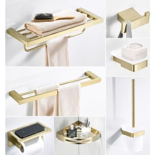 304 Stainless Steel Bathroom Accessories Tower Rack Nordic Brushed Gold Hanging Towel Rack Hanging Wall Bathroom Hardware Set A1