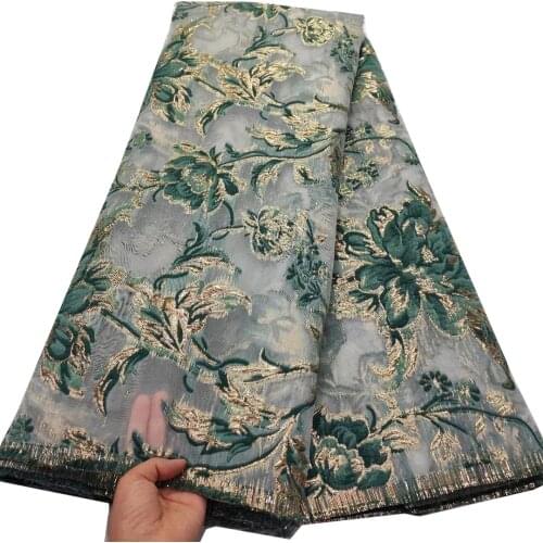 5yards/pc) Wonderful peonies jacquard African net lace fabric in green gold brocade tulle lace for party dress FHS105