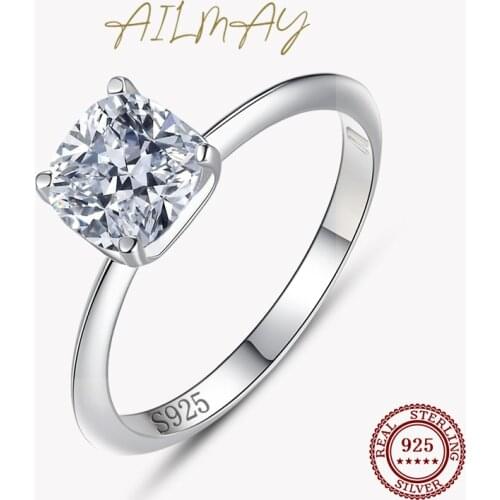 Ailmay Basic Square Clear Zirconia Finger Ring 925 Sterling Silver For Women Girl Dazzling Statement Hypoallergenic Jewelry