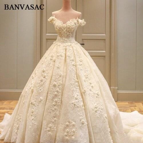 BANVASAC 2018 Real Photos Boat Neck Ball Gown Wedding Dresses Lace Appliques Flowers Plus Size Cathedral Train Bridal Gowns