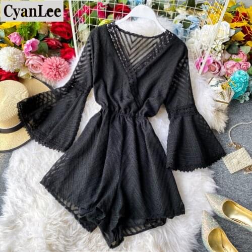 Cyanlee Boho Slim Ruffles 2020 V Neck Jumpsuit Flare Sleeve Casual Sexy See Through Women Chiffon Rompers Summer Playsuit Beach
