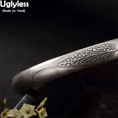 Uglyless Real 99.9% Full Silver Bodhi Leaf Bangles for Women Simple Fashion Clover Bangles Adjustable Thick Bracelet Thai Silver