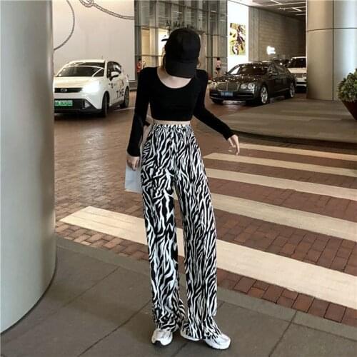 Womens Wide-Leg Pants New Zebra Pattern Female Spring High Waist Loose Student Straight Slim Casual Trousers