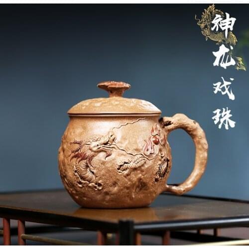 Chang tao 】 yixing undressed ore purple sand tea cup all hand purple cover cup old mud dragon show bead 340 cc