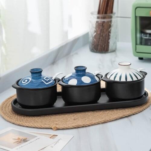 Japanese Style Seasoning Pot Seasoning Box with Spoon Hand-painted Seasoning Box Salt Shaker Household Ceramic Kitchen Supplies