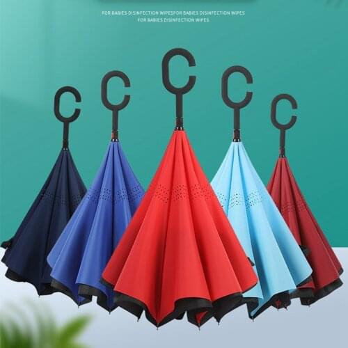 Creative Long Shank Double Layer Inverted Umbrella Windproof Reverse C-Hook Male Golf Umbrella Wholesale Customizable LOGO