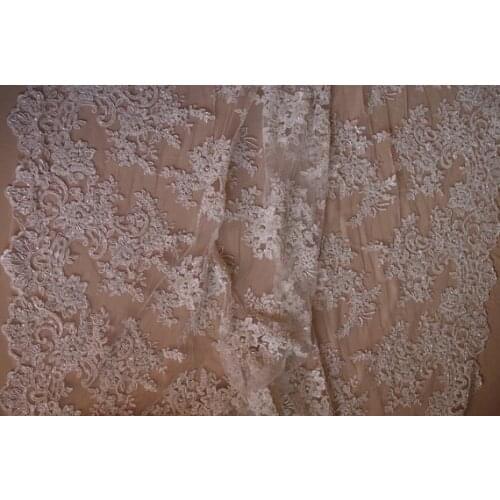 Bead alencon lace fabric for bridal gown ivory beading cord lace
