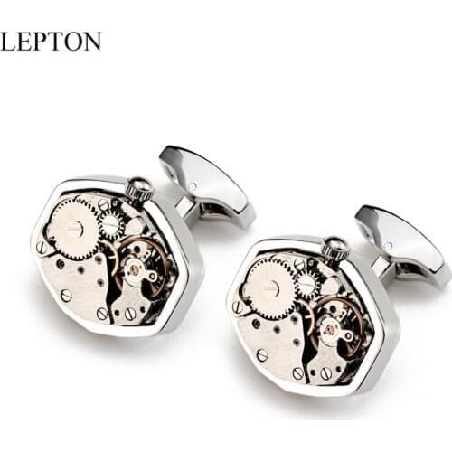 Lepton Steampunk Gear Watch Mechanism Cufflinks For Men geometry Silver Color Non-Functional Watch Movement Cuff links for Mens