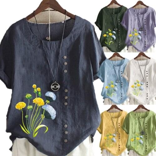 Summer Casual Flowers Print Loose T-shirts Vintage Cotton and Linen O-Neck Plus Size Short Sleeve Blouse Tops For Women S-5XL