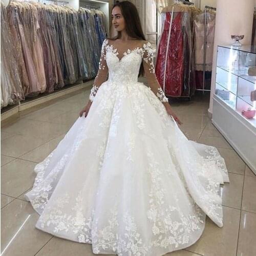 2021 New V Neck Long Sleeve Wedding Dresses Saudi Arabia Lace Bridal Gowns Court Train Elegant Lace Bridal Gown Vestido De Noiva