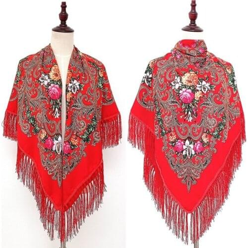 Russian Style Autumn And Winter Warm Shawl Ethnic Print Tassel Square Scarf Travel Baotou Female Muslim Head Scarves For Women
