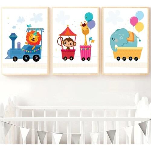 Lion Elephant Giraffe Monkey Balloon Riding Train Baby Posters And Prints Wall Art Canvas Painting Wall Pictures Kids Room Décor