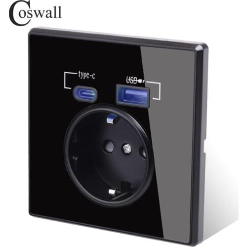 Coswall Type-C Interface Outlet Full Mirror Crystal Panel Black Wall EU Russia Spain French Standard Socket With USB Charge Port
