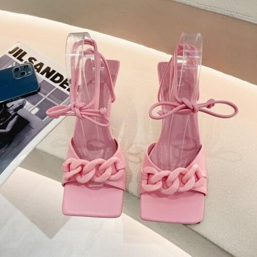 High Heel Sandals Women Real Leather Narrow Band Metal Chain Ankle Strap Sandalias Summer Sexy Party Dress Shoesyt76