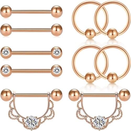 14G Stainless Steel Nipple Tongue Rings Piercing Tear Drop CZ Dangle Nipple Rings Barbell Piercing Set Rose Gold