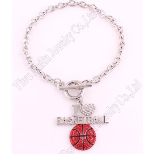 Sports Jewelry Drop Shipping 1.3"*1.3" inches Crystal I LOVE BASKETBALL 2D Pendant Toggle Charm Bracelet Fans Favorite Jewelry