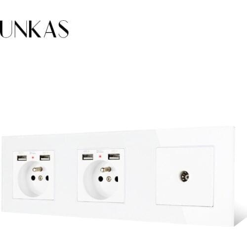 UNKAS Glass Panel Double French Standard Socket with 4 USB Charging Port + 1 Gang Female TV Connector Television
