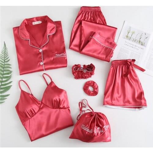 Spring New Fashion Home Clothing Sexy Silk 7 Piece Set Autumn Shorts Pjs Sleeping Suit Girl Pink Pajama Satin Pyjamas Womens