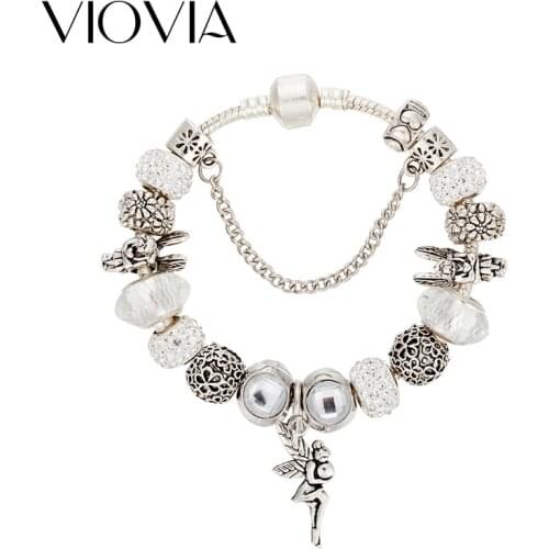 VIOVIA Fashion Angel wings Charm Bracelet&Bangle White Crystal Bead Bracelet for Women Wedding Gifts DIY Jewelry B17095