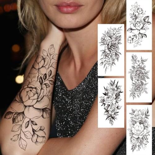 Sexy Peony Rose Temporary Tattoos For Women Girls Black Dahlia Flower Tattoo Sticker Daffodil Fake Glory Blossom Tatoos Arm Body