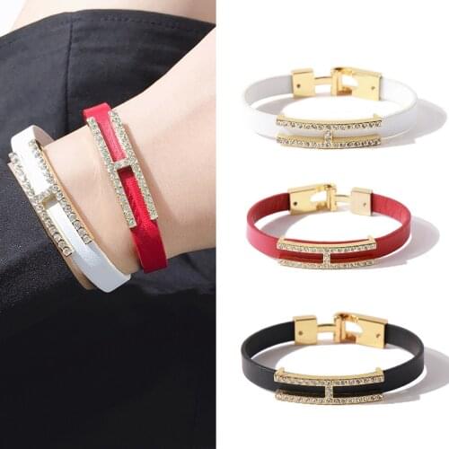 High Quality Punk Style PU Leather Micro Mosaic CZ Crystals H Letter Bracelet&Bangle For Women Brand Jewelry Wholesale