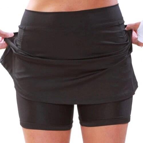 Plus Size Women Mid Waist Fake Two Piece Shorts Skirts Solid Color Side Pockets Double-Layer Fitness Shorts Skirt Sportwear