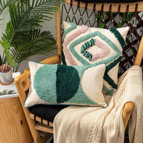 Boho Green Tufted Handmade Geometric Cushion Cover Tassels Embroidery Home Decor Pillow Cover 30x50cm/45x45cm PillowCase Pillow