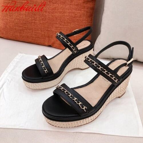 Women Summer Sandals Fashion Straw Bottom Women High Heels Shoes Mental Chian Buckle Strap Women Beach Sandals Platform Wedgs