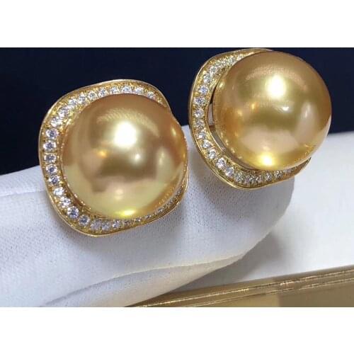 Fine Jewelry 1103 Pure 14 K Gold Natural Ocean Golden Pearls 11-12mm Stud Earrings for Women Fine Pearl Earrings