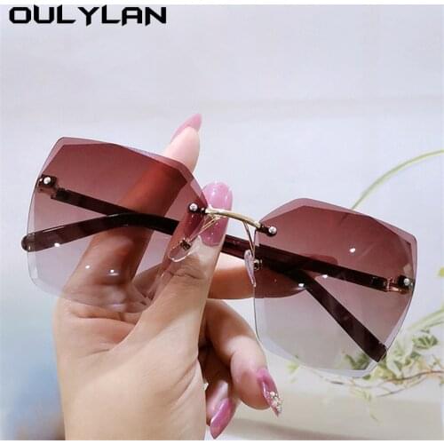 Oulylan Womens Rimless Sunglasses 2021 Fashion Gradient Sun Glasses Ladies Polygon Trimming Retro Eyewear Tea Blue Shades UV400