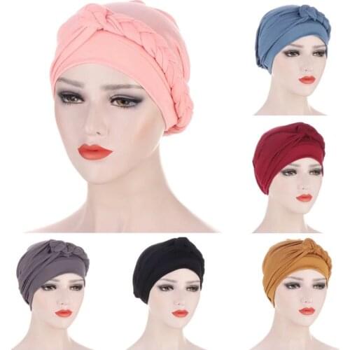 Women Ladies Muslim Hair Loss Stretch Turban Caps Cancer Chemo Hat Solid Color Braid Head Scarf Beanie Bonnet