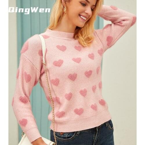 Qingwen Ladies Autumn Fashion Sweater Love Pattern Velvet Round Neck Long Sleeve Pullover y2k Loose Knit Tops For Women 2021