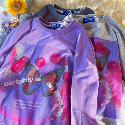 Purple Goth Butterfly Print Graphic Sweatshirt Women Harajuku Fashion Long Sleeve Tops 2021 Autumn New Streetwear Teens Clothes