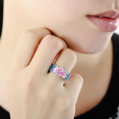 Pink Butterfly Flower Pattern Ring Womens Ring New Metal Crystal Inlaid Wedding Jewelry Accessories Size 6-10