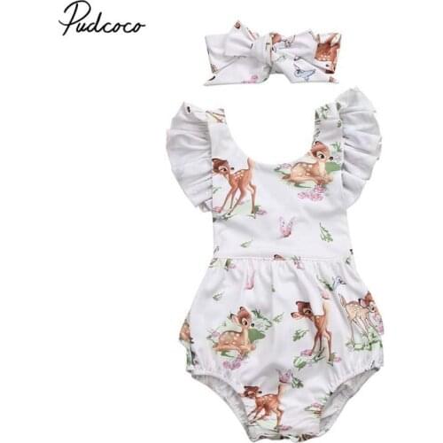 2018 Baby Bodysuit Toddler Infant Girls Deer Cute Fly Sleeve Bebe Bodysuit Jumpsuit Headband Playsuit Baby Girl Clothes