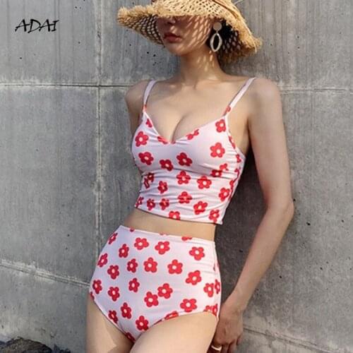 High Waist Bikini Floral Print Stripe Cute Swimsuit Women Swimming Bathing Suit 2 Piece Biquini Set V Neck Sexy Swim Wear Femme