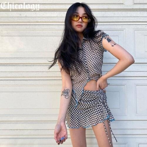 Chicology Women Summer Vazn 2021 2 Piece Women Set Plaid Print Polo Neck Sleeveless Top Mini Skirts Sexy Birthday Outfits