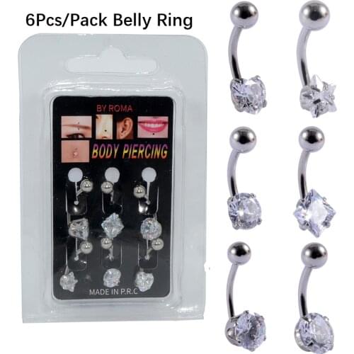 6Pcs/Pack Zircon Navel Piercing Surgical Steel Heart Star Gem Belly Button Rings Ombligo Ring Barbell Body Jewelry 14gX10mm