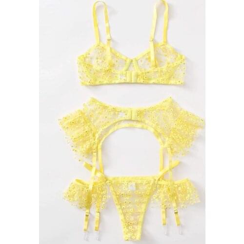See-through Lingeries Set Erotic Underwear Yellow Underwire Bra Embroidery Thong Temptation Underwear Garter Belt 3 Pieces Set