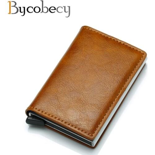 Bycobecy Anti Rfid Protection Men Women Credit Card Holder Leather Vintage Slim Mini Wallet Metal Aluminum Business id Card Case